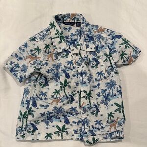 Janie and Jack Blue and Green Tropical Button Down Shirt giraffes safari